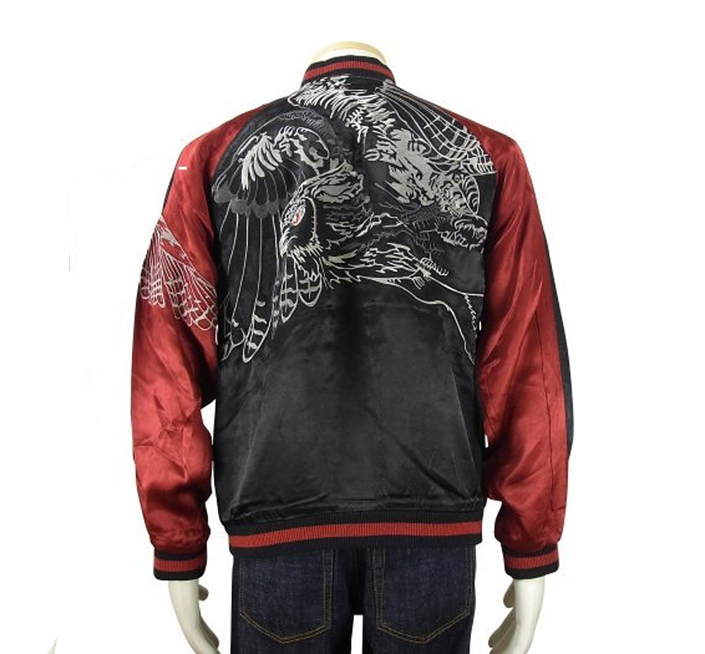 Men's Black Sukajan Souvenir Jacket Japanese Pattern Embroidered Vermilion 3014