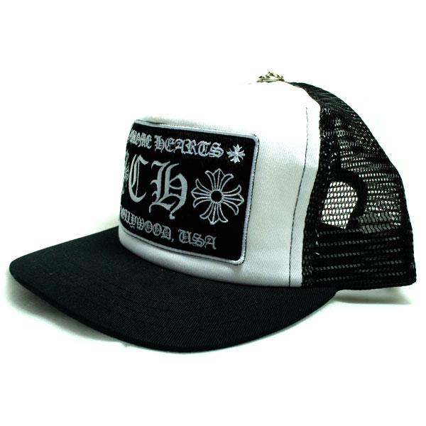(クロムハーツ 帽子）CHマーク ハリウッドUSAの刺繍入り トラッカー メッシュ キャップ 黒のツバx白x黒メッシュ / CHROME
