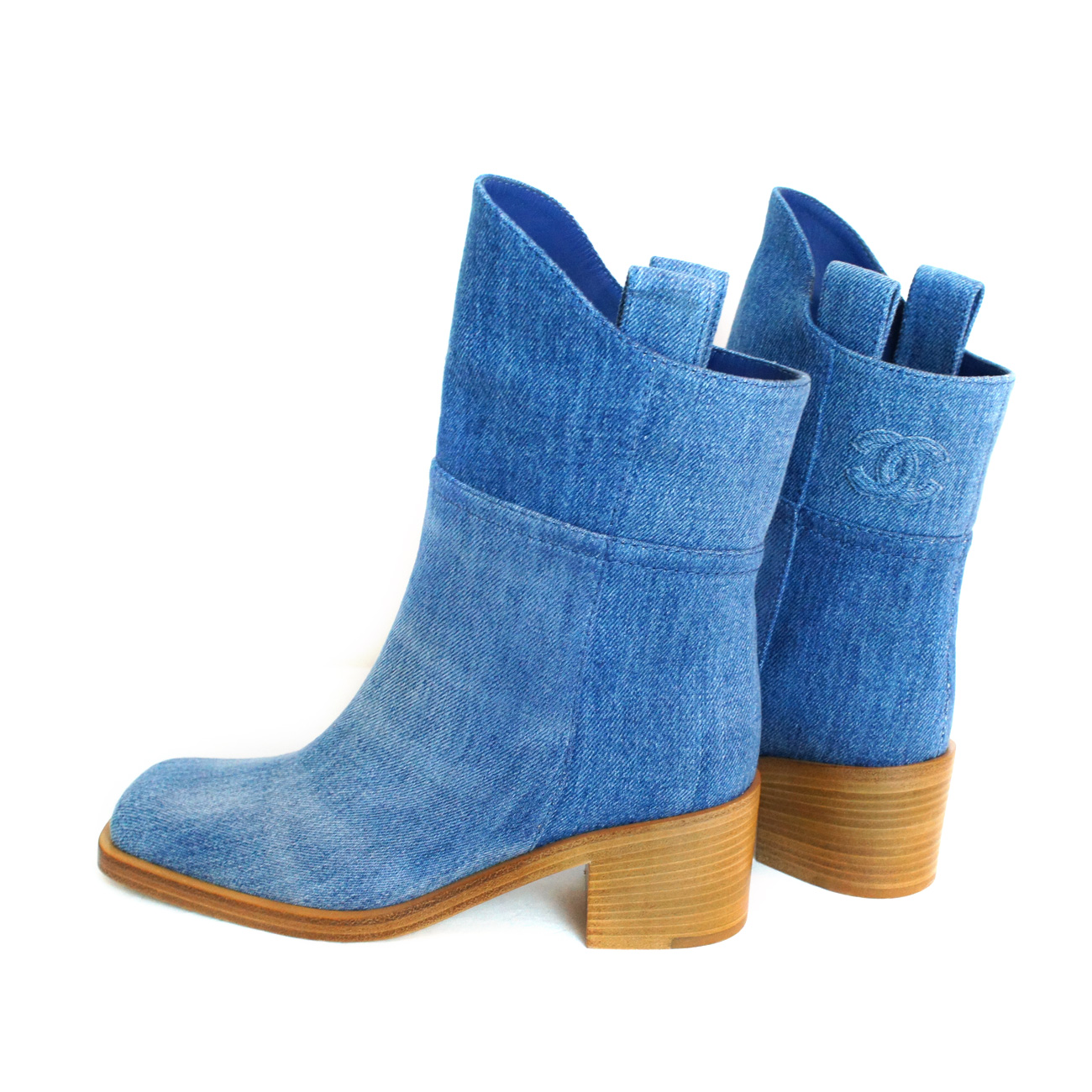 Women's :: Women's Shoes :: Boots :: CHANEL New CC stitch wooden sole short  denim boots / 100% authentic