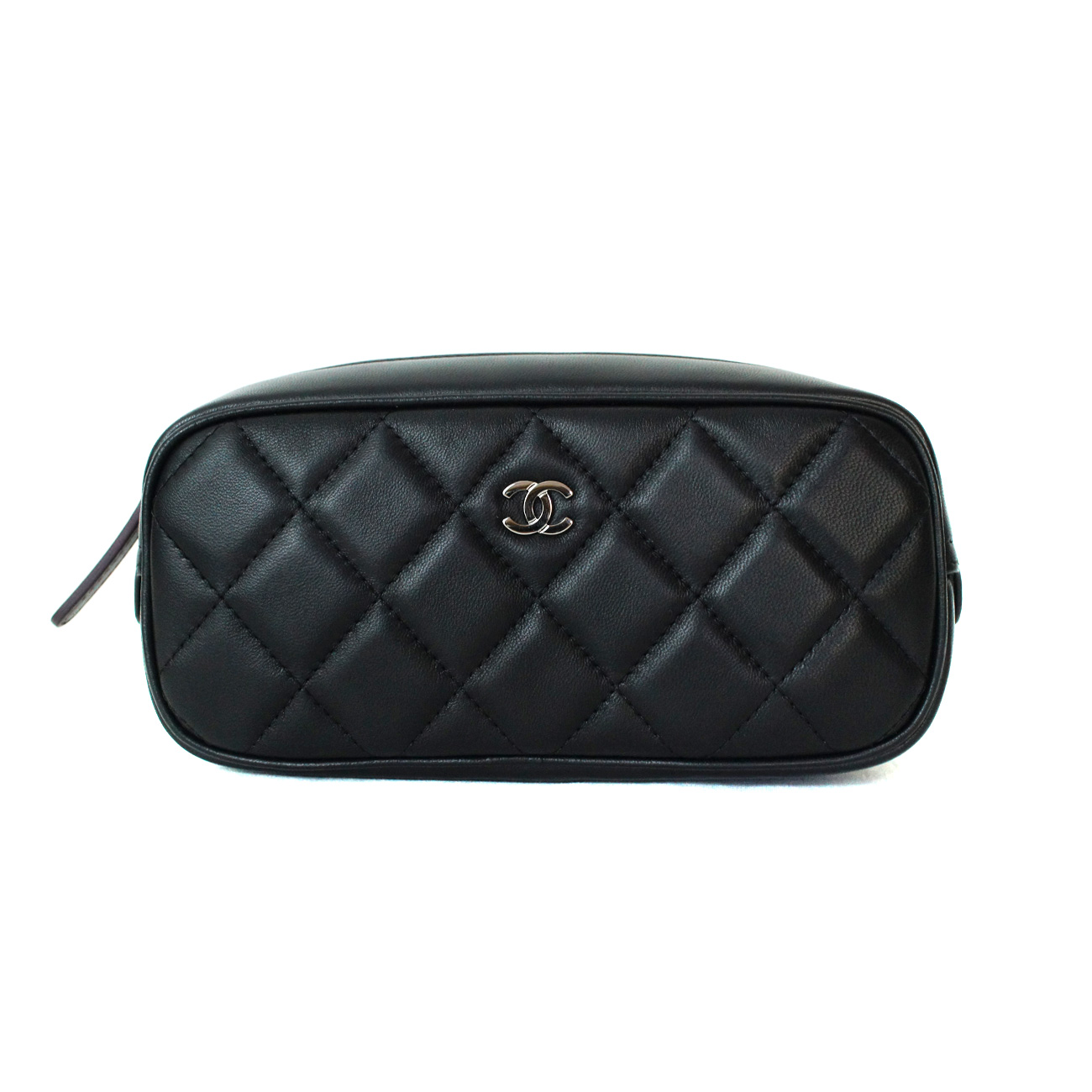 CHANEL Cosmetic Pouch Quilted Black Lambskin Leather Silver CC, New, 100%  authentic guaranteed.