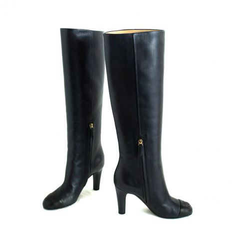 Home :: Women's :: Women's Shoes :: Boots :: CHANEL CC Stitch On The Toe  leather long boots with gold zipper / 100% Authentic / New
